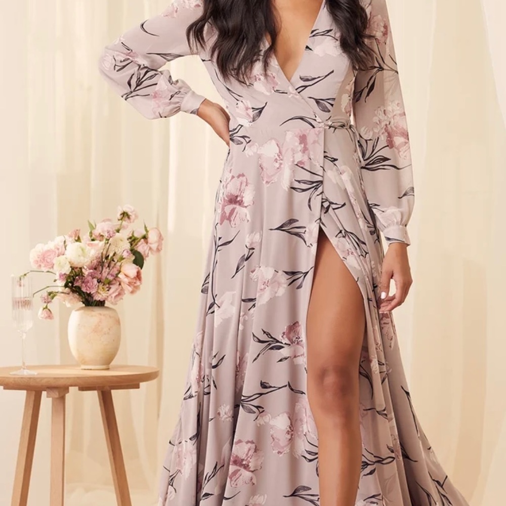 Dusty Purple Floral Print Long Sleeve Maxi Dress